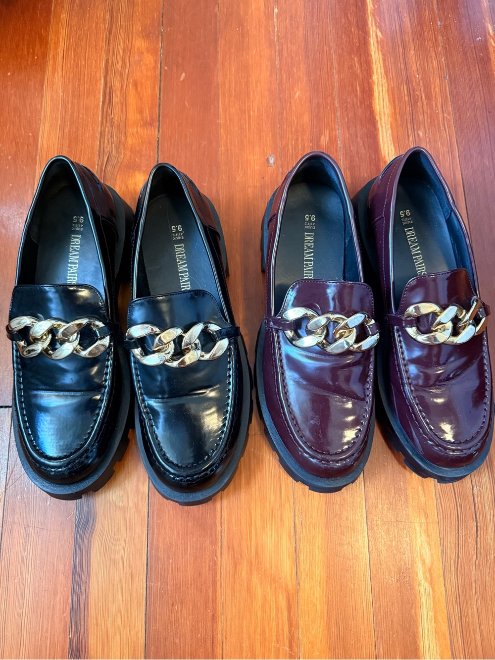 2 for 1 Dream Pairs women’s  Black and Burgundy Patent Loafers with Gold Chain